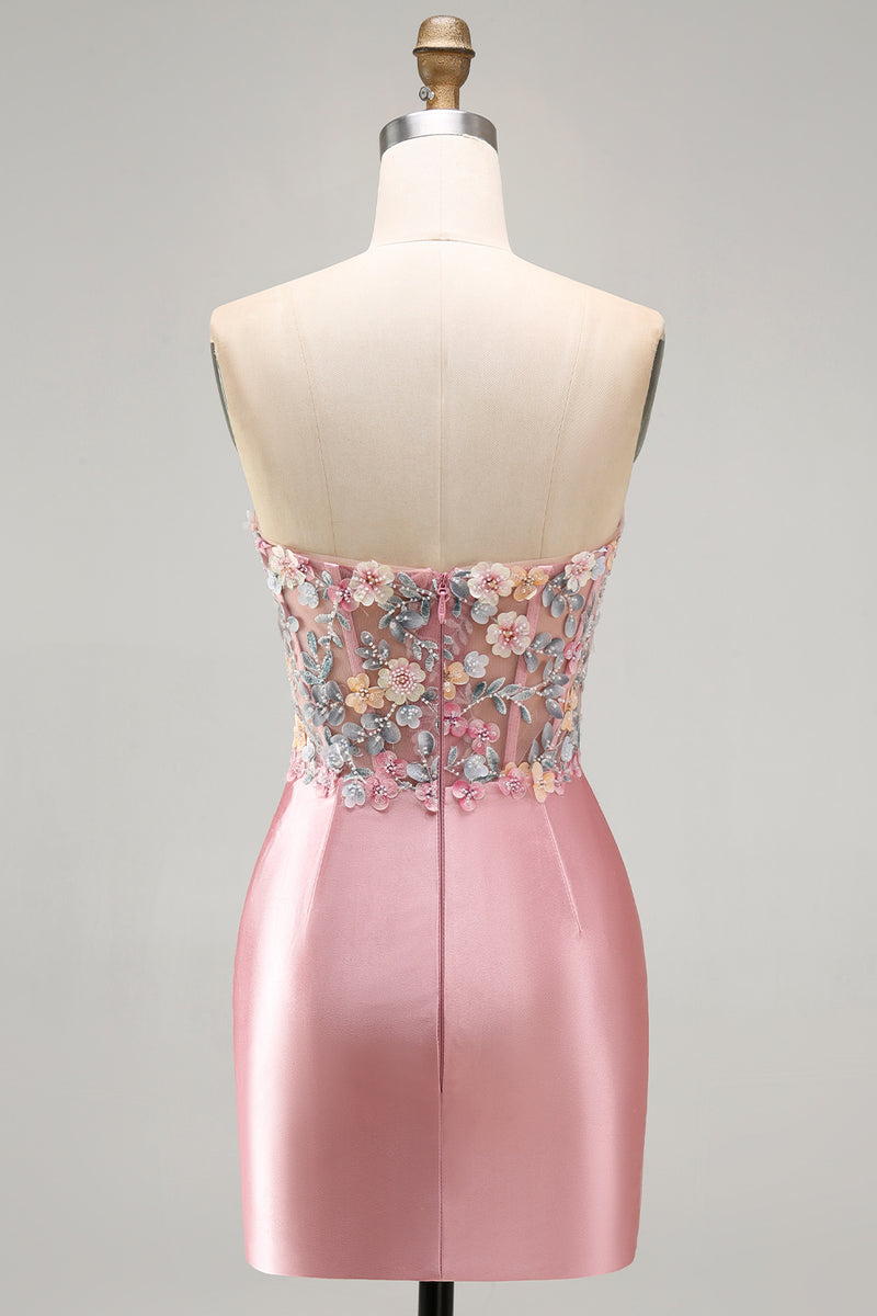 Load image into Gallery viewer, Strapless Tight Blue Short Ruched Corset Prom Dress with 3D Flowers