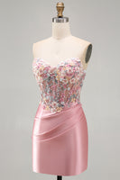 Load image into Gallery viewer, Strapless Tight Blue Short Ruched Corset Prom Dress with 3D Flowers