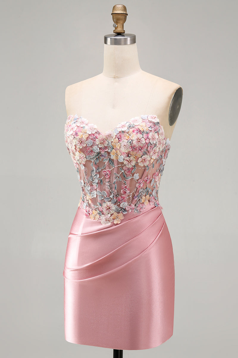 Load image into Gallery viewer, Strapless Tight Blue Short Ruched Corset Prom Dress with 3D Flowers