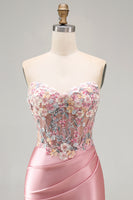 Load image into Gallery viewer, Strapless Tight Blue Short Ruched Corset Prom Dress with 3D Flowers