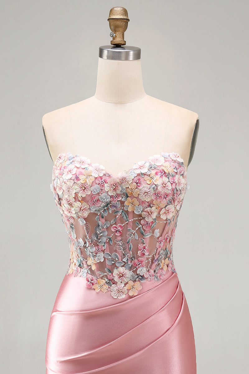 Load image into Gallery viewer, Strapless Tight Blue Short Ruched Corset Prom Dress with 3D Flowers