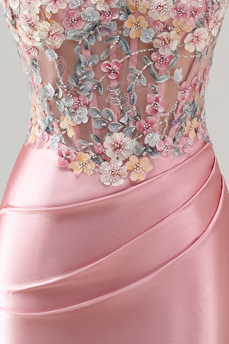 Load image into Gallery viewer, Strapless Tight Blue Short Ruched Corset Prom Dress with 3D Flowers