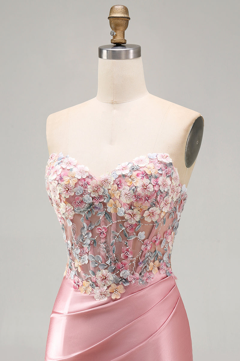 Load image into Gallery viewer, Strapless Tight Blue Short Ruched Corset Prom Dress with 3D Flowers