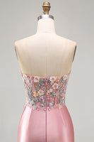 Load image into Gallery viewer, Strapless Tight Blue Short Ruched Corset Prom Dress with 3D Flowers