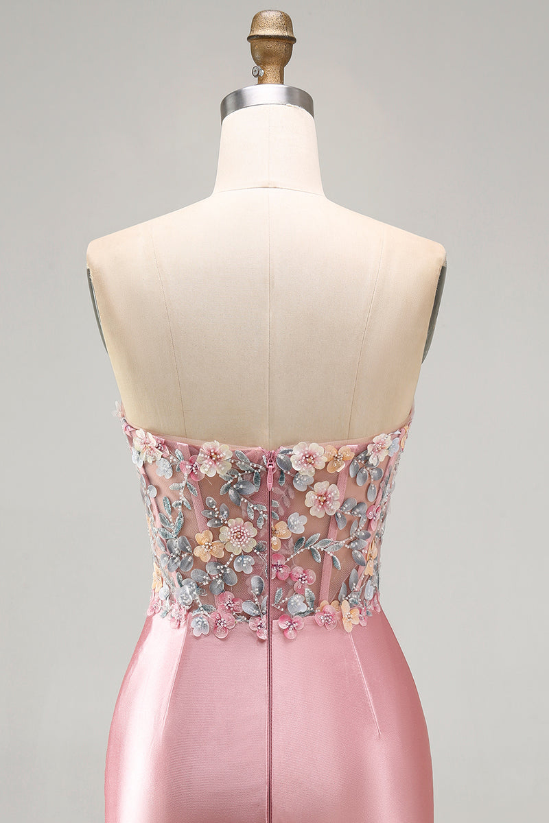 Load image into Gallery viewer, Strapless Tight Blue Short Ruched Corset Prom Dress with 3D Flowers