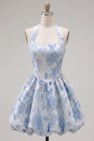 Load image into Gallery viewer, A Line Halter Jacquard Blue Floral Short Prom Dress