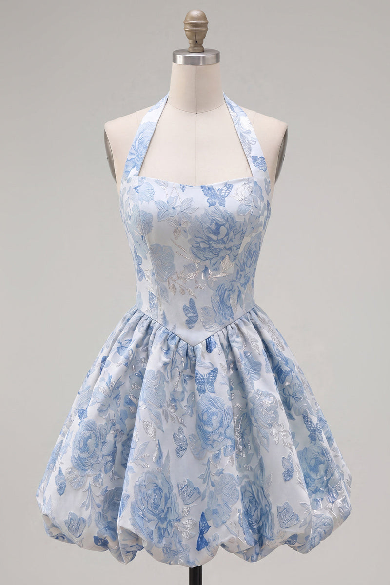 Load image into Gallery viewer, A Line Halter Jacquard Blue Floral Short Prom Dress