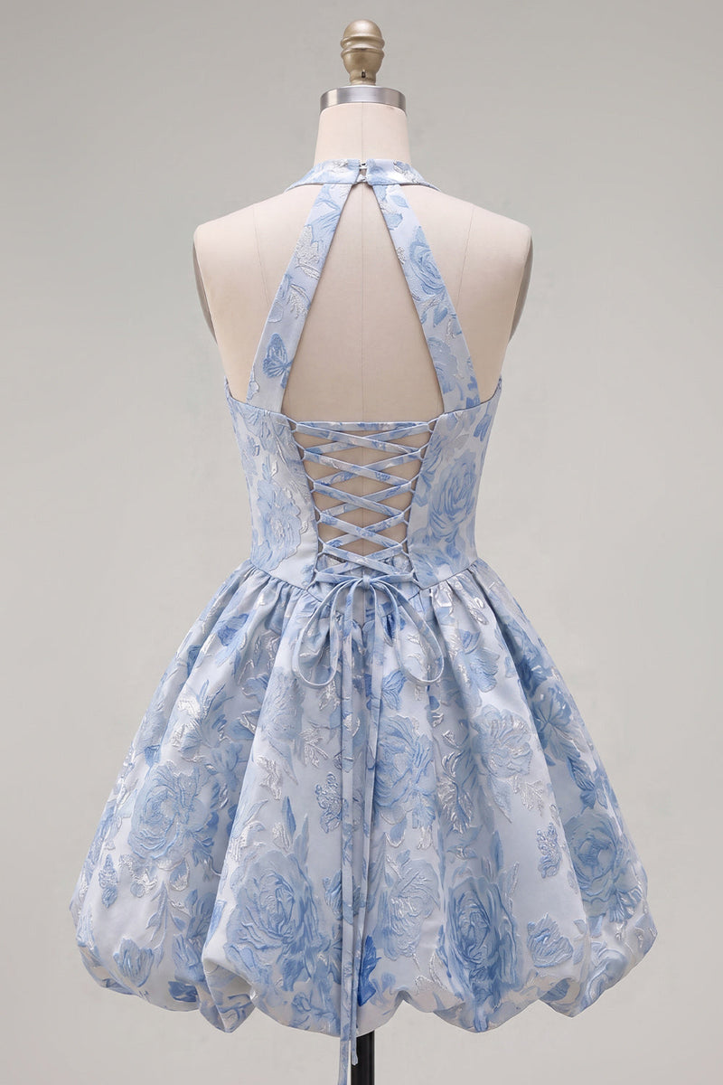 Load image into Gallery viewer, A Line Halter Jacquard Blue Floral Short Prom Dress