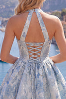 Load image into Gallery viewer, A Line Halter Jacquard Blue Floral Short Prom Dress