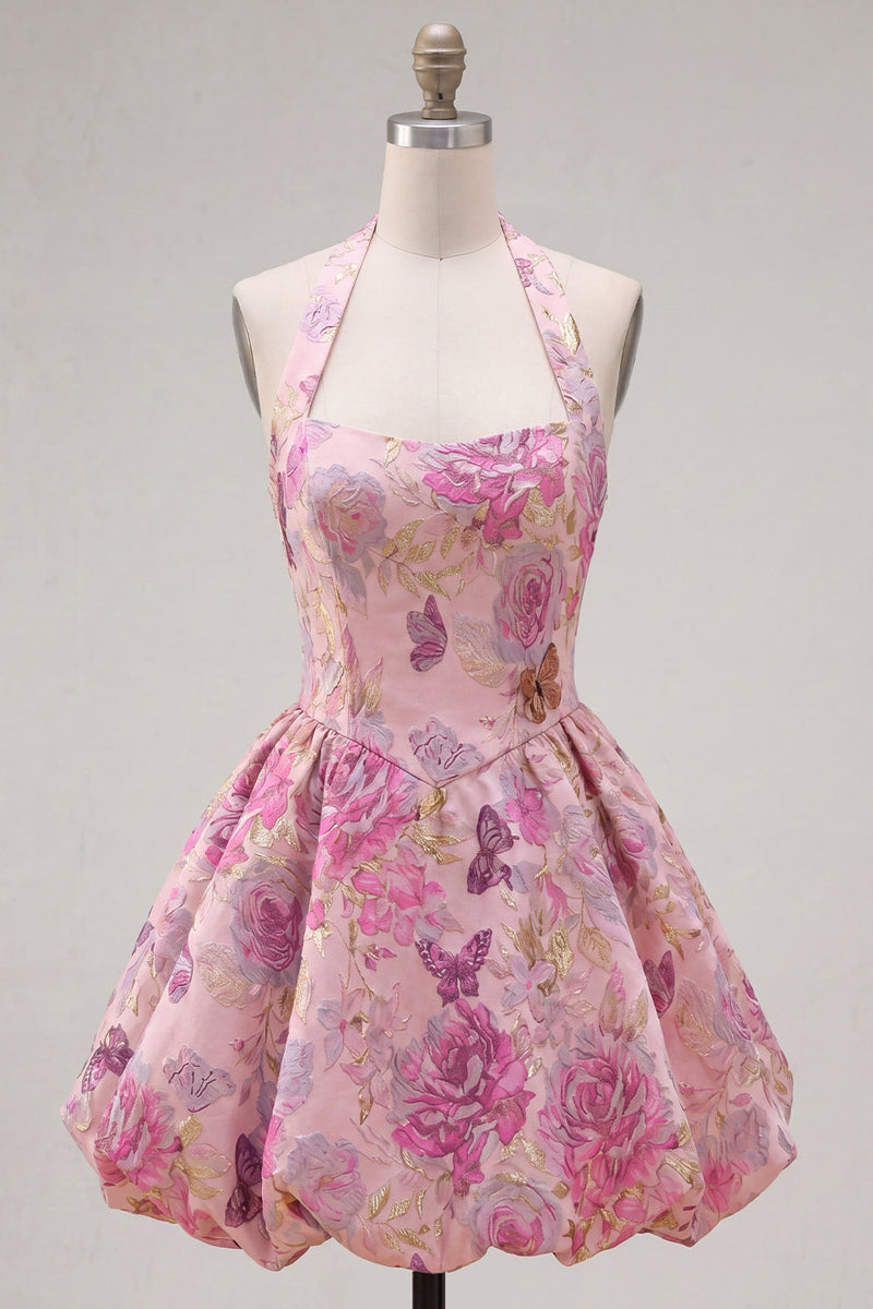 Load image into Gallery viewer, A Line Halter Jacquard Blue Floral Short Prom Dress