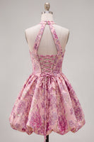 Load image into Gallery viewer, A Line Halter Jacquard Blue Floral Short Prom Dress