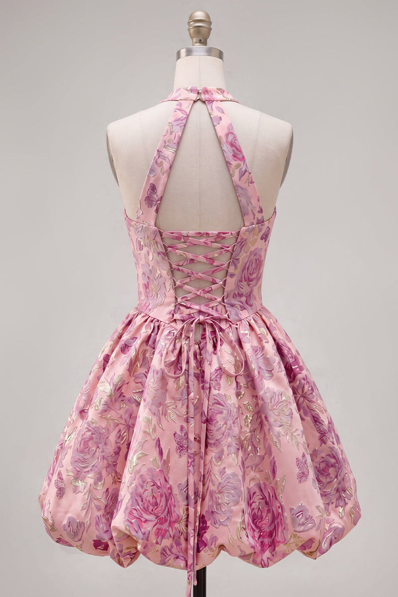 Load image into Gallery viewer, A Line Halter Jacquard Blue Floral Short Prom Dress