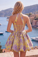 Load image into Gallery viewer, A Line Halter Jacquard Blue Floral Short Prom Dress