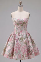Load image into Gallery viewer, A Line Strapless Short Pink Jacquard Ruched Prom Dress