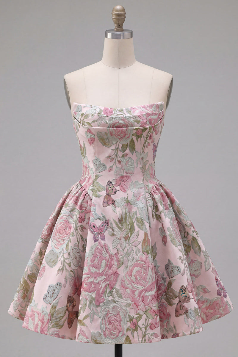 Load image into Gallery viewer, A Line Strapless Short Pink Jacquard Ruched Prom Dress