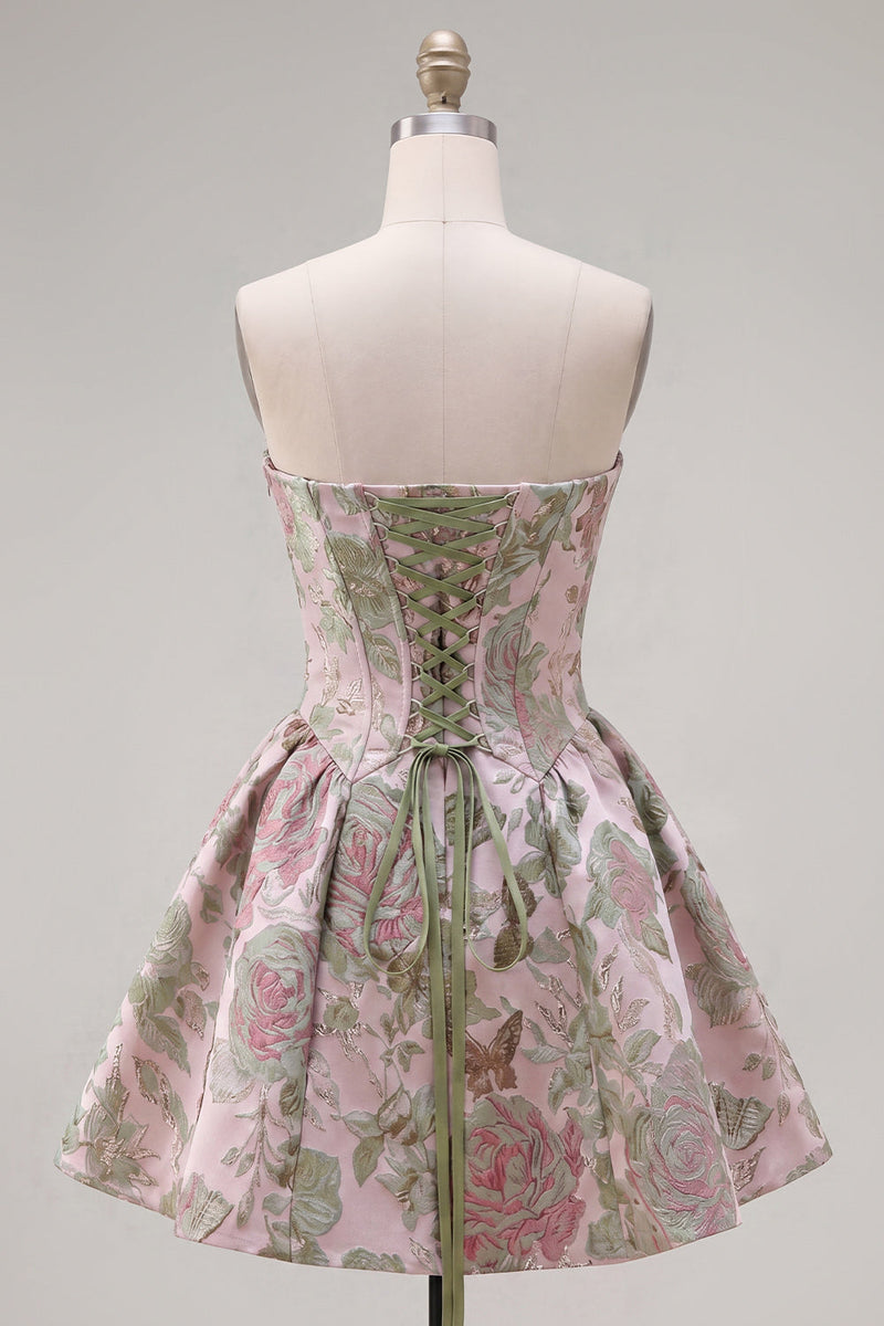 Load image into Gallery viewer, A Line Strapless Short Pink Jacquard Ruched Prom Dress