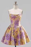 Load image into Gallery viewer, A Line Strapless Short Pink Jacquard Ruched Prom Dress