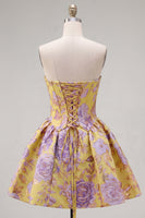 Load image into Gallery viewer, A Line Strapless Short Pink Jacquard Ruched Prom Dress