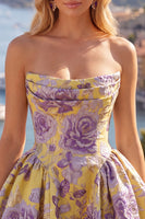 Load image into Gallery viewer, A Line Strapless Short Pink Jacquard Ruched Prom Dress