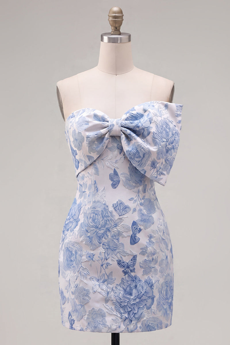 Load image into Gallery viewer, Jacquard Strapless Tight Blue Short Prom Dress with Bow