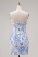 Load image into Gallery viewer, Jacquard Strapless Tight Blue Short Prom Dress with Bow