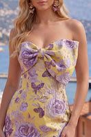 Load image into Gallery viewer, Jacquard Strapless Tight Blue Short Prom Dress with Bow