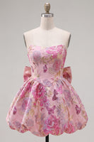 Load image into Gallery viewer, Strapless A Line Fuchsia Jacquard Short Prom Dress with Bow