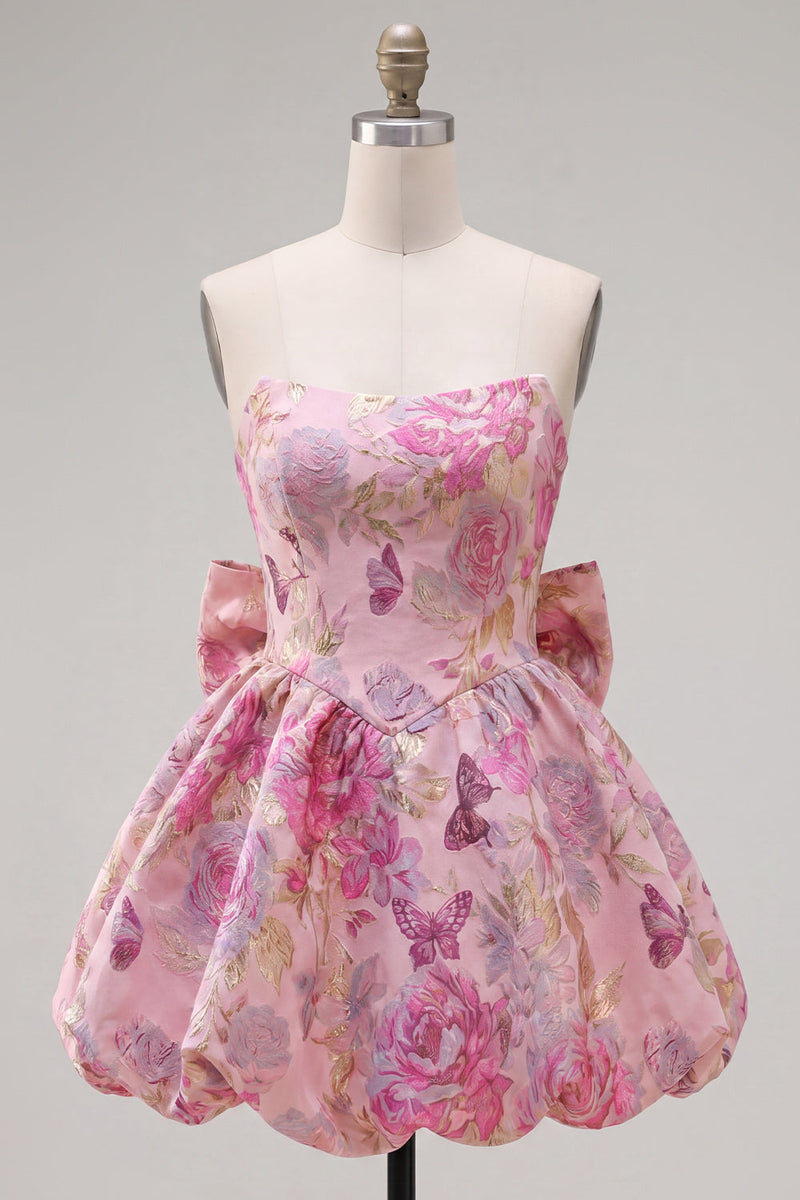 Load image into Gallery viewer, Strapless A Line Fuchsia Jacquard Short Prom Dress with Bow