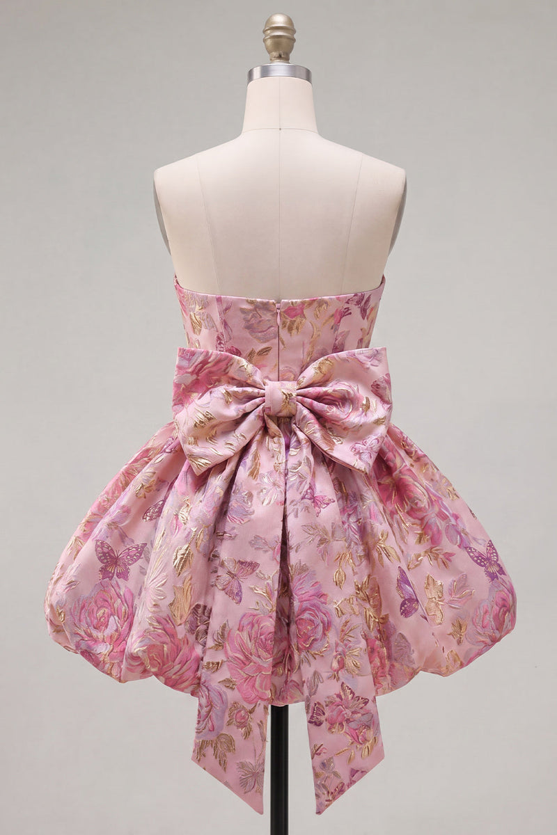 Load image into Gallery viewer, Strapless A Line Fuchsia Jacquard Short Prom Dress with Bow