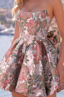 Load image into Gallery viewer, Strapless A Line Fuchsia Jacquard Short Prom Dress with Bow