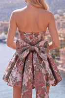 Load image into Gallery viewer, Strapless A Line Fuchsia Jacquard Short Prom Dress with Bow