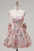 Load image into Gallery viewer, Strapless A Line Fuchsia Jacquard Short Prom Dress with Bow