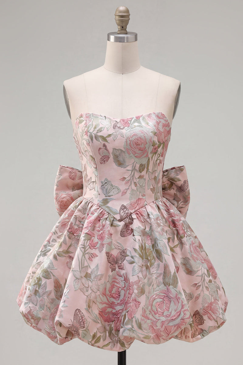 Load image into Gallery viewer, Strapless A Line Fuchsia Jacquard Short Prom Dress with Bow