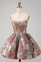 Load image into Gallery viewer, Strapless A Line Fuchsia Jacquard Short Prom Dress with Bow