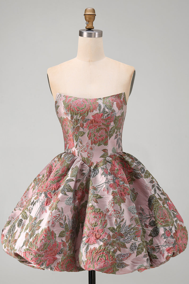 Load image into Gallery viewer, Strapless A Line Fuchsia Jacquard Short Prom Dress with Bow
