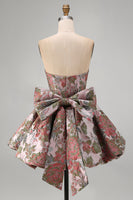 Load image into Gallery viewer, Strapless A Line Fuchsia Jacquard Short Prom Dress with Bow