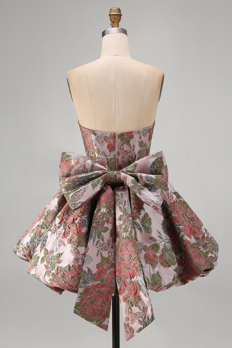 Load image into Gallery viewer, Strapless A Line Fuchsia Jacquard Short Prom Dress with Bow