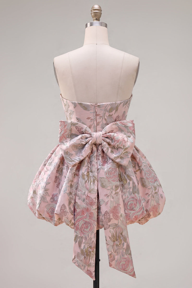 Load image into Gallery viewer, Strapless A Line Fuchsia Jacquard Short Prom Dress with Bow