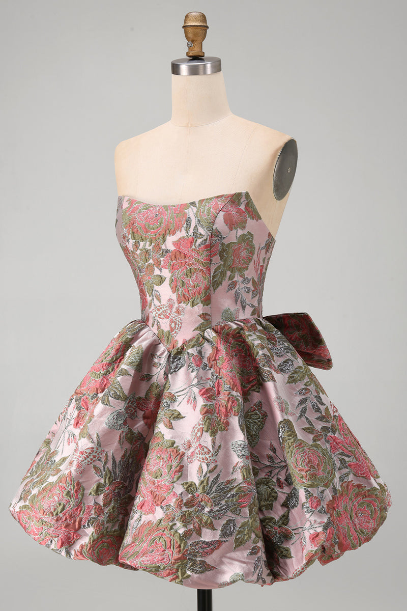 Load image into Gallery viewer, Strapless A Line Fuchsia Jacquard Short Prom Dress with Bow