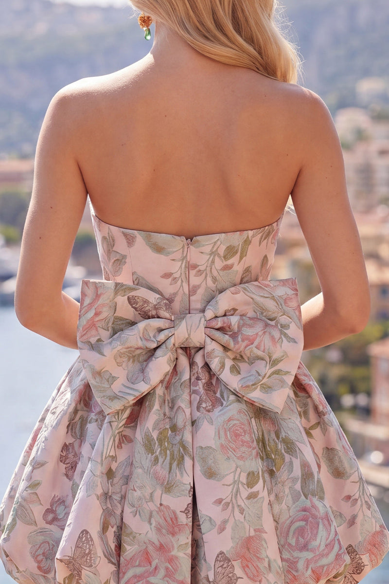 Load image into Gallery viewer, Strapless A Line Fuchsia Jacquard Short Prom Dress with Bow