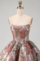 Load image into Gallery viewer, Strapless A Line Fuchsia Jacquard Short Prom Dress with Bow