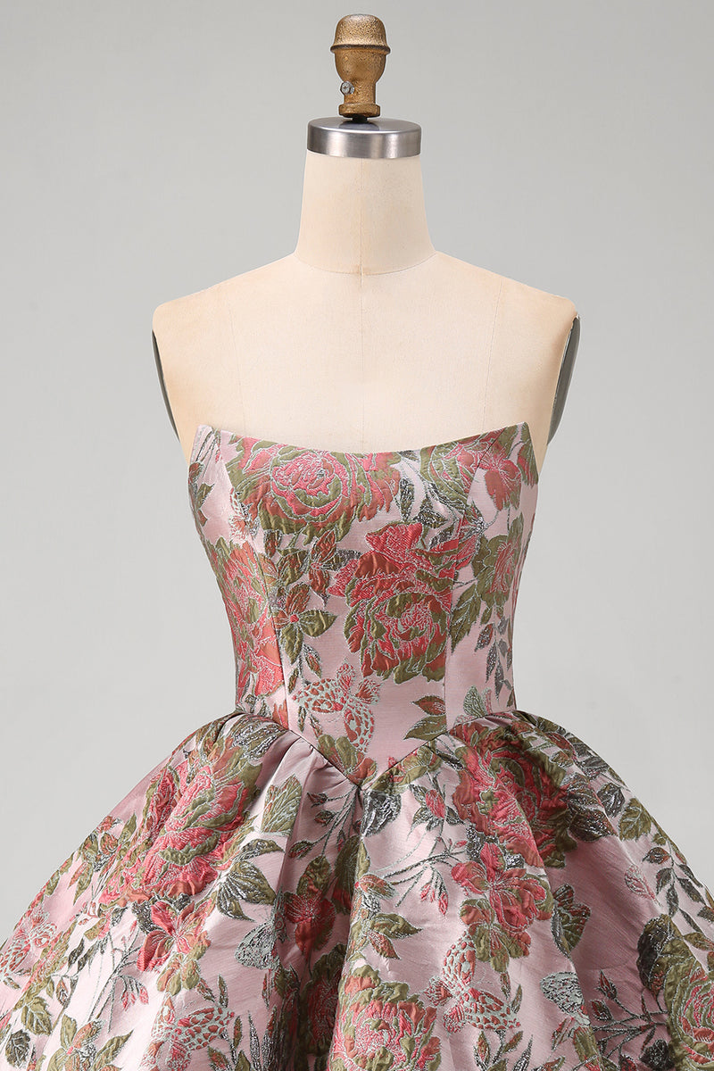 Load image into Gallery viewer, Strapless A Line Fuchsia Jacquard Short Prom Dress with Bow