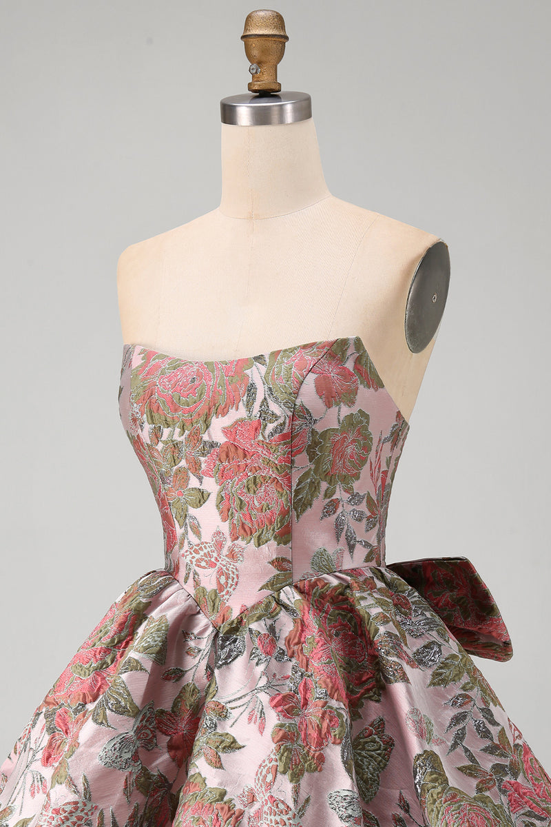 Load image into Gallery viewer, Strapless A Line Fuchsia Jacquard Short Prom Dress with Bow