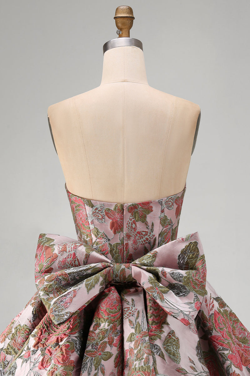 Load image into Gallery viewer, Strapless A Line Fuchsia Jacquard Short Prom Dress with Bow