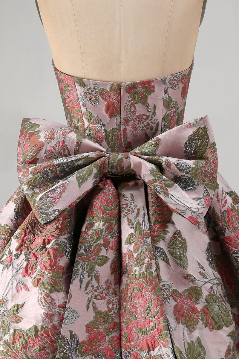 Load image into Gallery viewer, Strapless A Line Fuchsia Jacquard Short Prom Dress with Bow