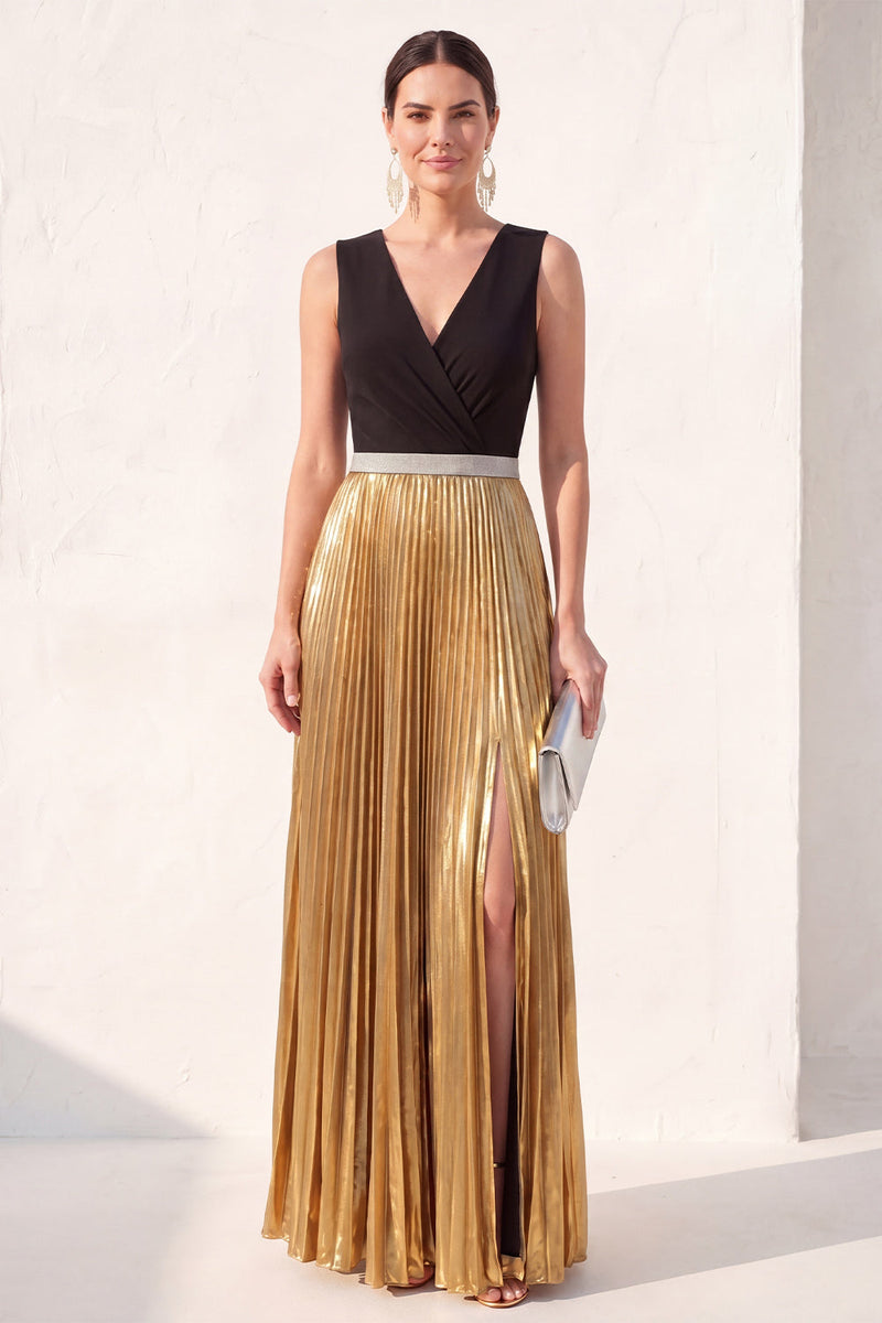 Load image into Gallery viewer, Metallic Black Golden A Line V-Neck Champagne Pleated Long Formal Dress with Slit