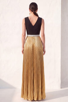 Metallic Black Golden A Line V-Neck Champagne Pleated Long Formal Dress with Slit
