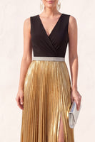 Load image into Gallery viewer, Metallic Black Golden A Line V-Neck Champagne Pleated Long Formal Dress with Slit