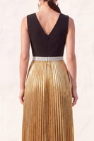 Load image into Gallery viewer, Metallic Black Golden A Line V-Neck Champagne Pleated Long Formal Dress with Slit