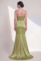 Load image into Gallery viewer, Long Mermaid Strapless Ruched Green Formal Dress with Ruffles